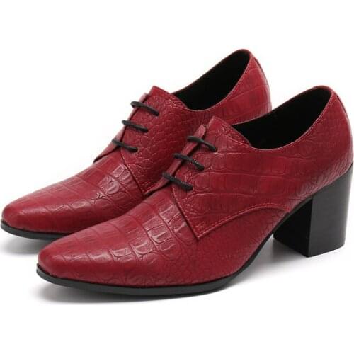 7cm Men High Heels Genuine Leather Dress Shoes Snake Skin Lace Up Red Brown Oxford Shoes For Men Thick Heel Mens Classic Shoes