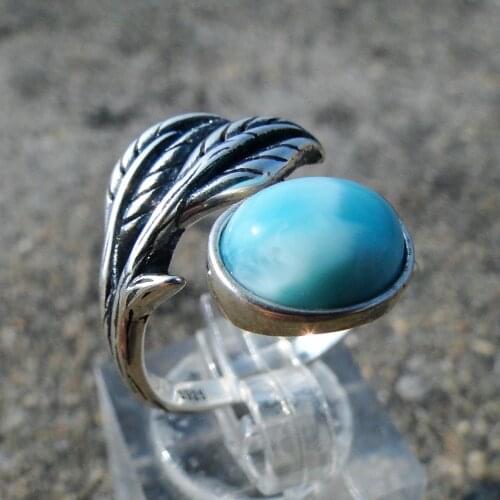 High Quality 925 Sterling Silver Jewelry Oval 8x10mm Natural Larimar Stone with Adjustable Ring Leaf Larimar Ring