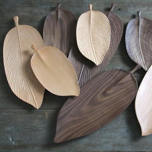 Japanese Black Walnut Cherry Solid Wood Plate Dishes Handmade Leaf Shape Wooden Dinner Dessert Snack Plates Creative Fruit Tray