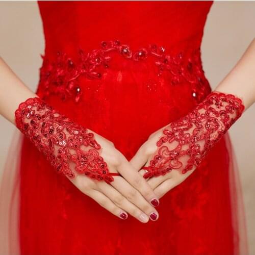 White Ivory Red Short Women Fingerless Bridal Gloves Elegant Short Paragraph Rhinestone White Lace Glove Wedding Accessories