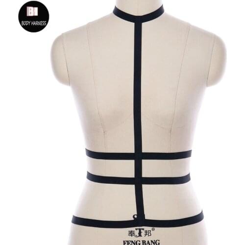 Womens Black Gothic Long Body Harness Belt Elastic Strappy Top Cage Bra Exotic Sexy Fetish Club Party Wear Bondage Lingerie