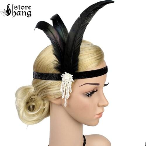 Black Feather 1920s Flapper Headpiece Beaded Charleston Headband Retro Style Roaring 20s Vintage Great Gatsby Hair Accessories
