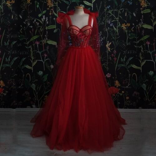 Red Elegant Long Prom Dress 2021 Sweetheart Bowknot Strap Sleeveless Appliques Tulle Ball Gown Women Evening Party Night Gowns