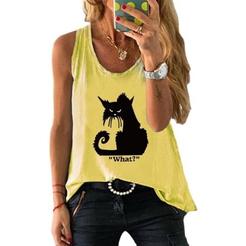 Summer Cotton 100% Women Waistcoat Sleeveless Oversized Black Cat Print Graphic Vintage Tank Tops Female Fashion Harajuku Vests
