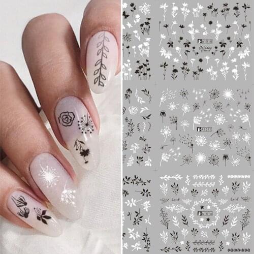 HNUIX 12 pieces water nail decals decal black flowers leaf transfer Nail Art decorations slider manicure watermark leaf tips