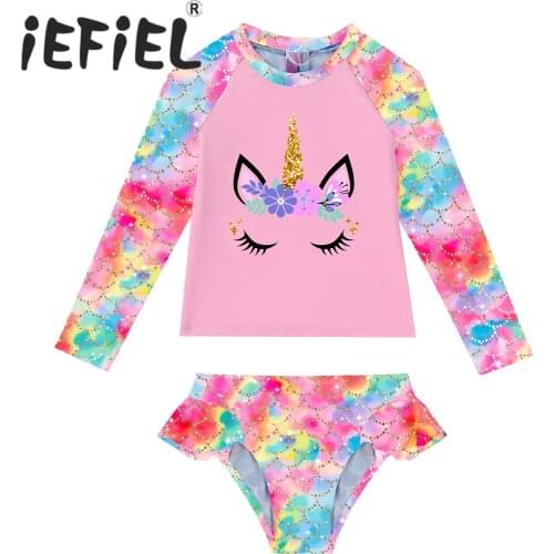 2Pcs Kids Girls Fish Scales Print Swimsuits Beach Outfits Cartoon Horse Print Tops and Briefs Set Beach Swimwear Bathing Suits