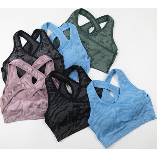 Seamless Camo Push Up Sports Bra For Women Cross Straps Padded Comfy Gym Bra Yoga Underwear Active Wear Workout Fitness Top