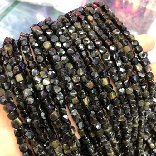 Natural Stone Loose Beads Faceted Square Shape Golden Obsidian Beaded for Jewelry Making DIY Bracelet Necklace Accessories