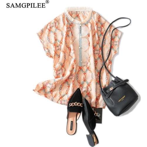 Tshirt Oversize Women Casual See Through Shirts Chiffon Short Sleeve Print Stand Collar T-shirt Brand Women Femme T-shirts 3XL