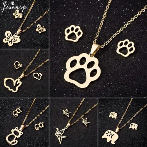 Jisensp Cute Animal Footprints Dog Cat Footprints Paw Pendants Necklaces Earrings for Women Stainless Steel Jewelry Sets Gift