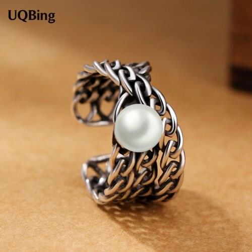 2019 New Style Retro 925 Silver Woven Mesh Rings Open Finger Pearl Rings For Women Gifts Jewelry