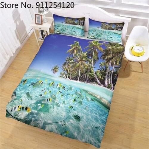 Tropical Seaside Bedding Set Palm Tree Seascape Duvet Cover Set Blue Ocean Bed Cover 2/3 Piece Landscape Bedroom Decor Bedding
