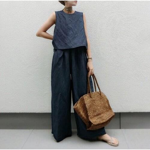 Women Matching Sets Summer Sleeveless Loose Female 2 Pieces Suits Wide Legs Pants Korean Japan New Pullover Tracksuits Set Up