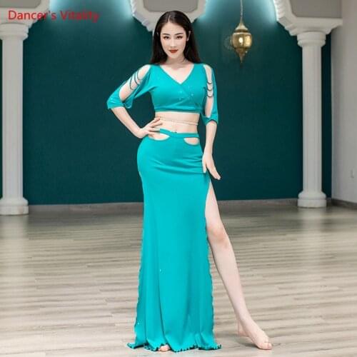 Belly Dance Suit V-Neck Top Hollow Half Sleeves Splti Skirt Practice Clothes Set Female Adult Profession Performance Clothing