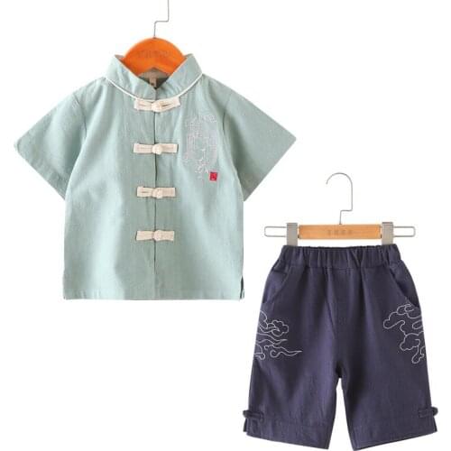 ChildrenS Hanfu Summer Boy Short Sleeve + Medium Trousers Cotton And Linen Tang Sets Kung Fu Uniform Chinese Clothing SL1055