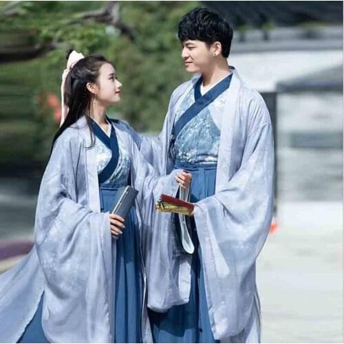 Adult Couples Blue Hanfu Set Deluxe Traditional Chinese Fancy Dress Couple Halloween Cosplay Costume For Men/Women Plus Size 2XL