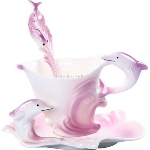 Cute Dolphin Handmade Porcelain Tea Mug Coffee Cup Set with Spoon and Saucer (Purple)