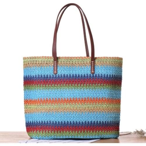 National wind new rainbow hit the color stripes shoulder grass bag travel vacation beach leisure bag handbags