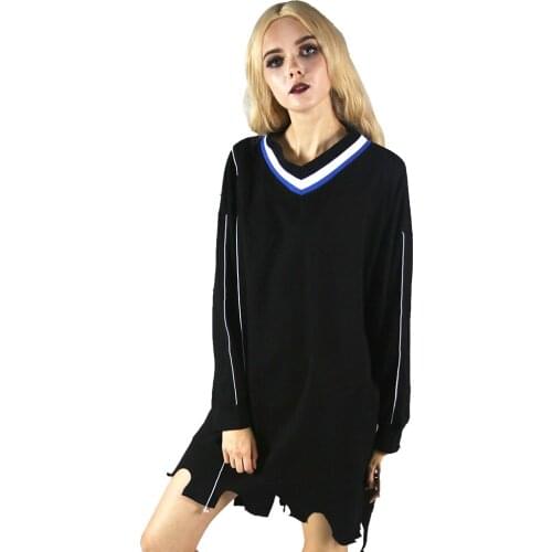 New Autumn Fashion Street Wear Womens Dresses Black V-Neck Irregular Loose Dresses Over Size Cotton Hole Patchwork Dresses