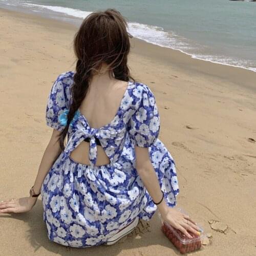 Bodycon Dress French Bowknot Square Neck Flower Short-sleeved Dress Women Summer New Style Korean Mid-length Dress