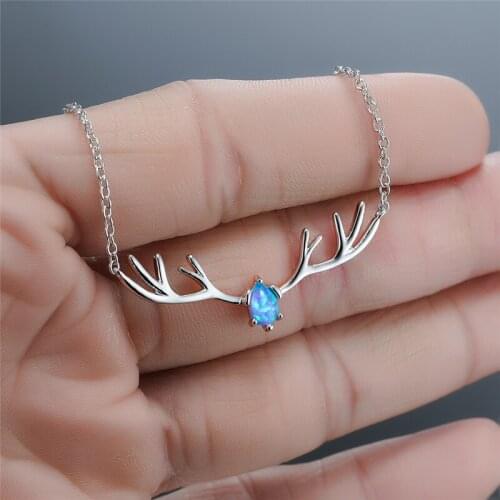 Cute Small Elk Antlers Pendant Necklace White Blue Opal Water Drop Stone Necklace Vintage Silver Color Chain Necklaces For Women