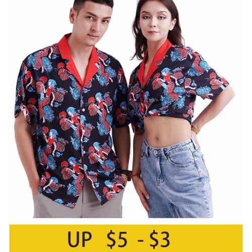 Summer Male&Female Aloha Shirts Womens Elegant Blouse Cartoon Printed Shirt Button Up Short Sleeve Casual Clothing