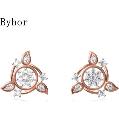 Byhor Solid 14K White/Yellow+White/Rose+White Gold 1.024ct H/SI Natural Diamond windmill Stud Earrings Women Cерьги Fine Jewelry