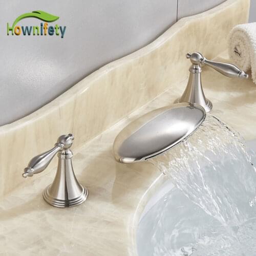 Black Nickel Gold Waterfall Bathroom Sink Faucet Hot Cold Mixer Taps Deck Mounted 3 holes 2 Handwheel Bathtub Faucet