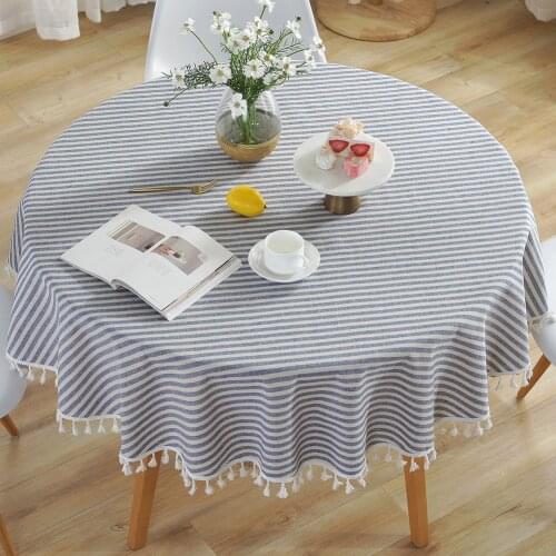 Striped Dust-Proof Tassel Tablecloth Decorative Cotton Linen Cover For Kitchen Table Runner Round Dining Living Room 150cm