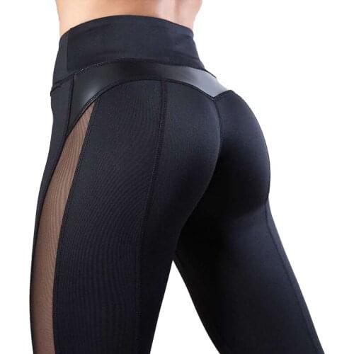 Witbuy High Waist Sport Fitness Leggings Women for Legging Autumn Workout Women Sexy Mesh And PU Leather Patchwork Pants Female