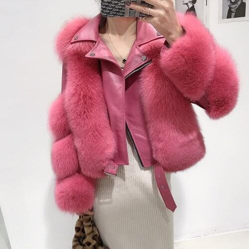 Real fox fur jacket with leather grass fox fur winter fashion 2021 new motorcycle luxury fox fur jacket women fashion coat