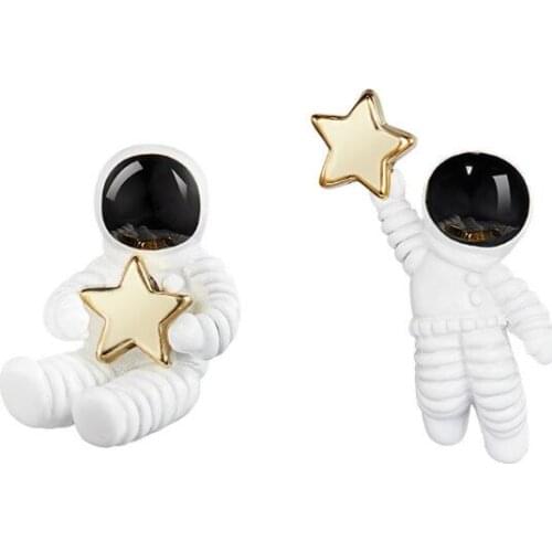 Cute Starry Sky Space Star Asymmetrical Astronaut Small Stud Earrings for Women