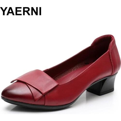 YAERNI High Quality Women Pumps Spring Autumn Leather High Heels Woman Shoes Ladies Square Heeled Dress Shoes Womens Working