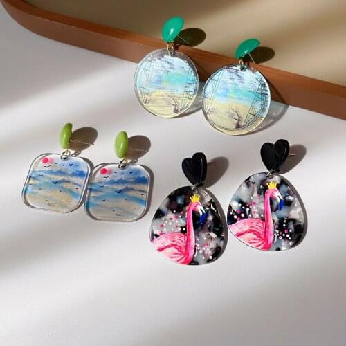 Minar Korean Fashion Sun Beach Flamingo Printed Pendant Earrings for Women Ladies Arcylic Geometric Circle Earrings Accessories