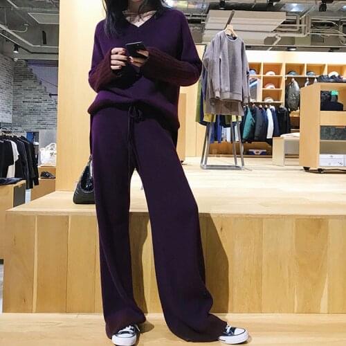 2020 Elastic Waist Full Winter New Cashmere Knit Suit Female Color Matching V-neck Sweater Wide Leg Pants Knitted Two-piece