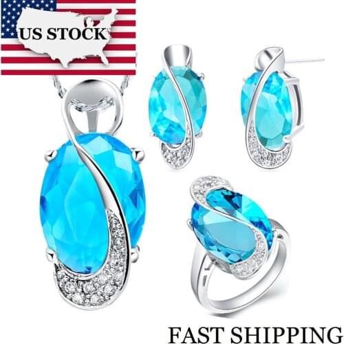 USA STOCK Uloveido Blue Crystal Wedding Jewelry Sets for Women Valentines Day Rings Necklace Earrings Set Girl Gifts 40% T299