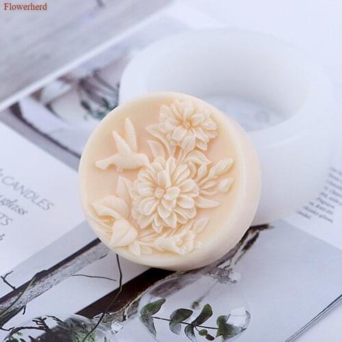 Birds Flower Pattern 3D Silicone Soap Molds Silicone Liquid Crafts DIY Round Soap Mold Candle Mold Cake Mold