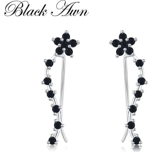 [BLACK AWN] Sterling Silver 925 Jewelry Engagement Drop Earrings for Women Flower Boucles d'oreilles I036