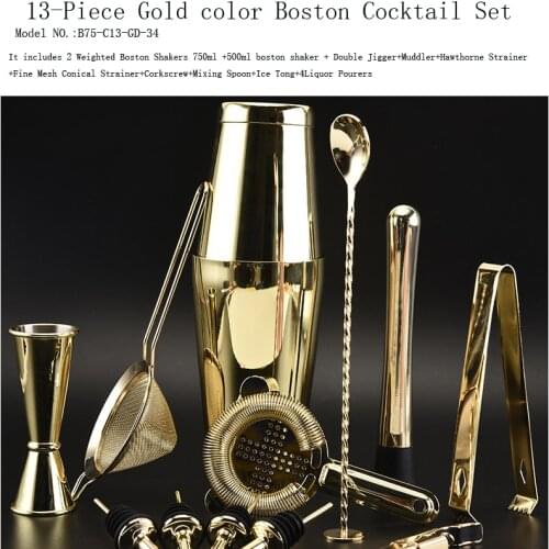 Cocktailshaker 13-piece Gold Boston Shaker Bar Set: 2 Shakers, Cocktail Strainer Set, Double Jigger, Cocktail Muddler and Spoon