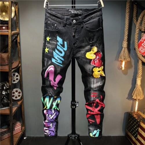 Chic Mens Straight Pencil Pants Slim Fit Mixed Color Print Jeans Long Trousers Black Size Holes