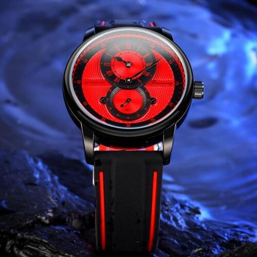 Forsining Classic Red Black Mens Automatic Mechanical Watch Hollow Waterproof Silicone Strap Casual Sports Watch Reloj Hombre