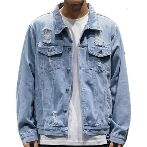 Men Denim Jackets Holes Jean Jackets Streetwear Casual Denim Coats Men Cotton Outwear Slim Denim Jackets Large Size 5XL Q6237