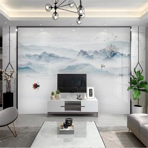 Milofi wall custom blue new Chinese landscape smoke background wall paper mural
