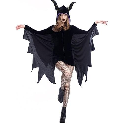 Halloween Black Bat Costume For Adult Women Hooded Horns Wing Vampire Demon Catsuit Bodysuit Funny Cosplay Jumpsuit Outfit