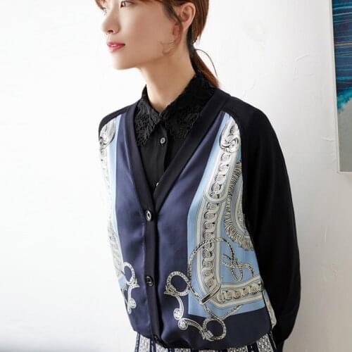 V-neck New Court harness cardigan printed silk cardigan V-Neck long sleeve