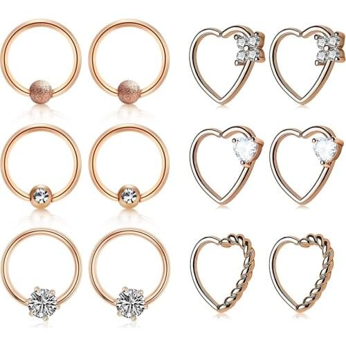 16G Stainless Steel Nose Rings Fake Piercing Hoop Heart Shape Tragus Cartilage Helix Ring Lip Septum Piercing Rose Gold Tone