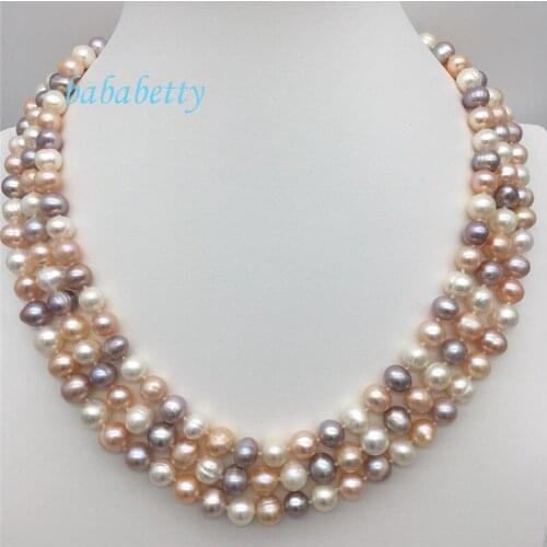 Beautiful natural freshwater pearl 8-9 mm white pink purple 3 row 20 inches pearl necklace fashion joker