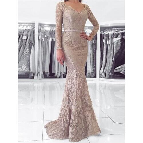 Lace Mermaid Prom Dress 2021 Double V Neck Long Sleeve Evening Formal Party Ball Gowns robes de soirée