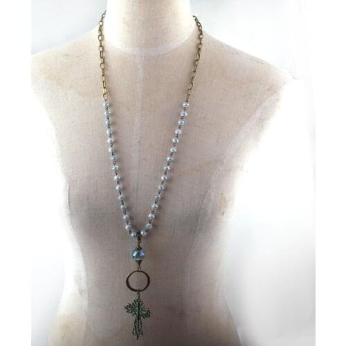MOODPC Fashion Jewelry Glass Crystal Rosary Chain Long Chain Metal Cross Pendant Necklaces For Women Ethnic Necklace
