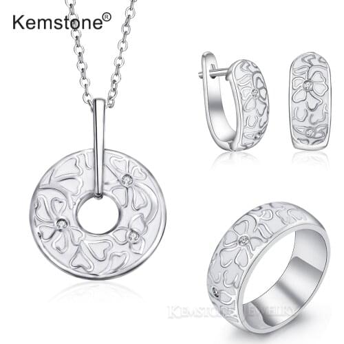 Kemstone White Enamel Ceramic Copper Flower Jewelry Set Women Female Flowers Pendant Necklace Ring Hoop Earrings Gift